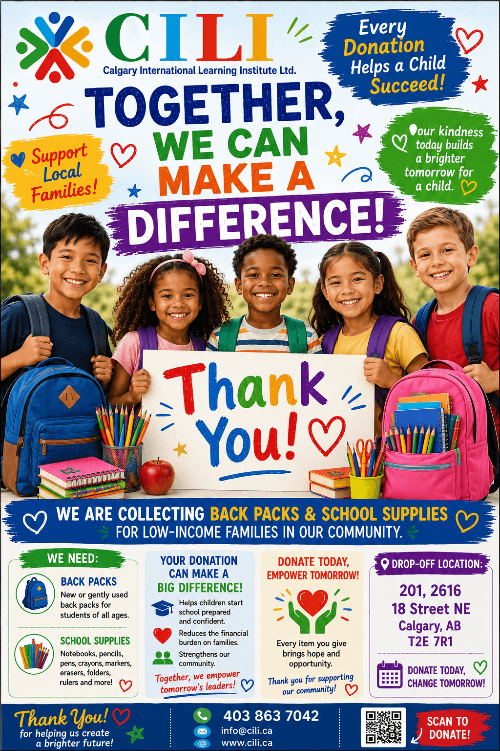 Children with backpacks thanking donors for CILI's school supplies drive