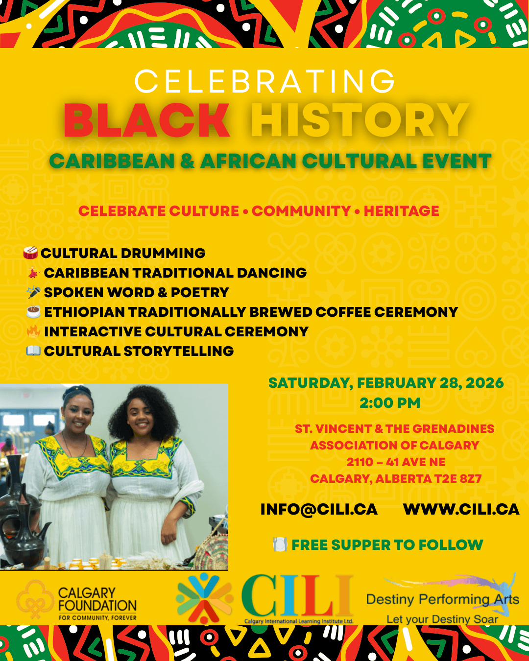 Celebrating Black History Caribbean and African Cultural Event poster for CILI Calgary